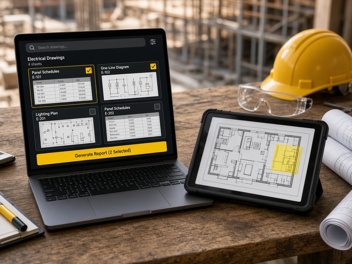Illustration: PhaseSync AI drawing lookup showing matching electrical sheets with checkboxes